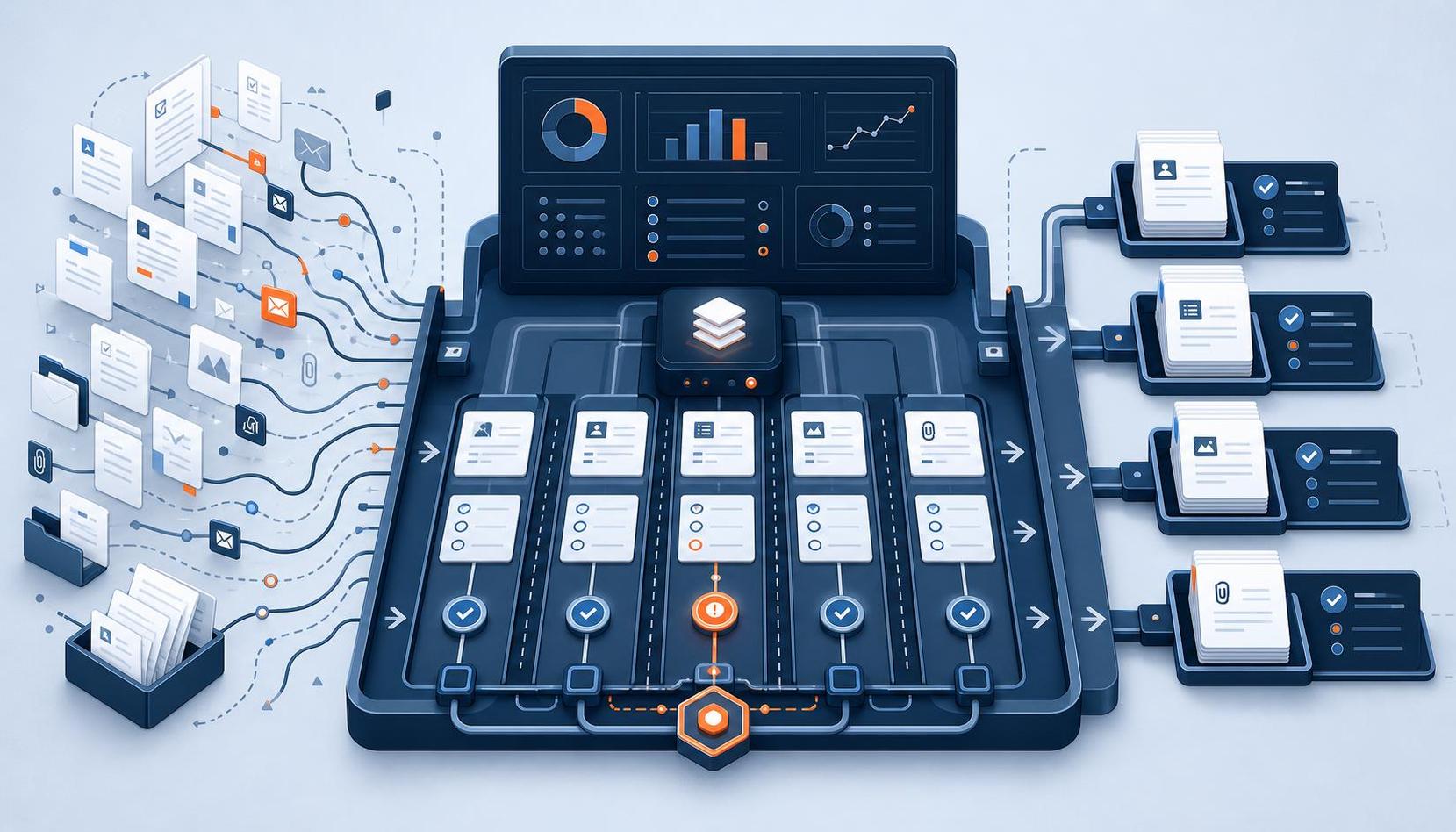 Workflow illustration showing intake data, document collection, Filevine, Docketwise, drafting review, and packet assembly for immigration teams